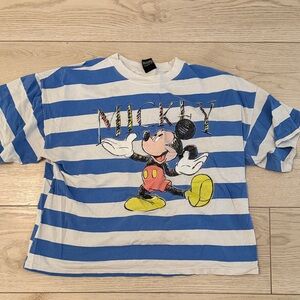 VINTAGE  Blue & White Striped Mickey Mouse Tee